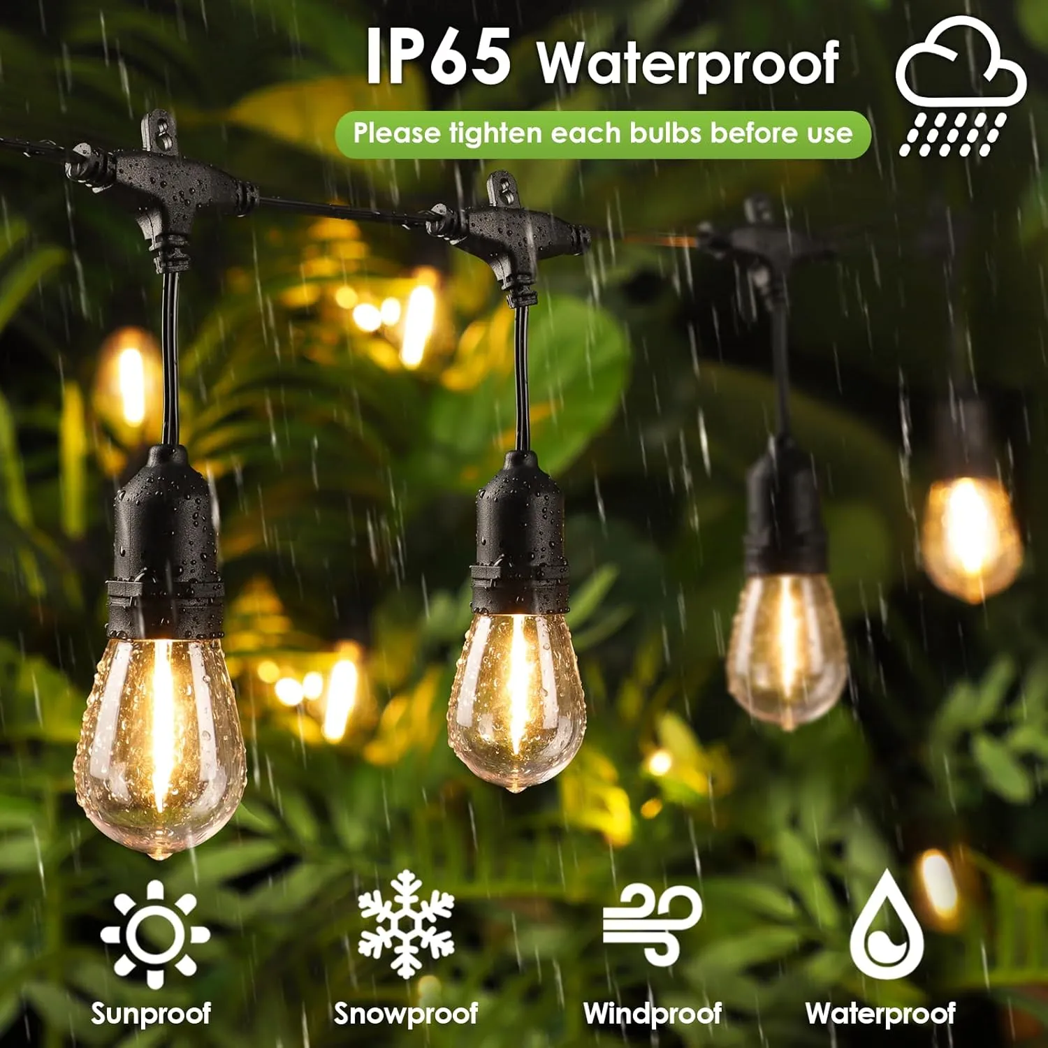 48FT Outdoor String Lights with Remote, Dimmable Patio Lights with 15 2 LED Waterproof Shatterproof Bulbs 3 Modes 4 Timers for Backyard, Black