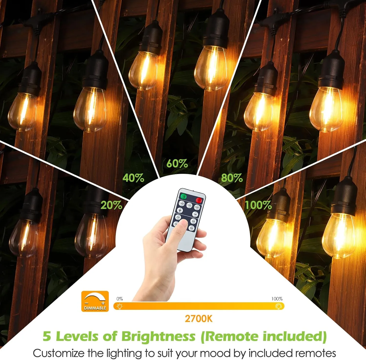 48FT Outdoor String Lights with Remote, Dimmable Patio Lights with 15 2 LED Waterproof Shatterproof Bulbs 3 Modes 4 Timers for Backyard, Black