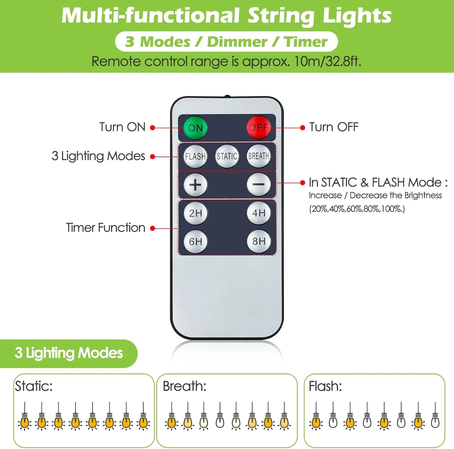 48FT Outdoor String Lights with Remote, Dimmable Patio Lights with 15 2 LED Waterproof Shatterproof Bulbs 3 Modes 4 Timers for Backyard, Black