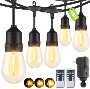48FT Outdoor String Lights with Remote, Dimmable Patio Lights with 15 2 LED Waterproof Shatterproof Bulbs 3 Modes 4 Timers for Backyard, Black