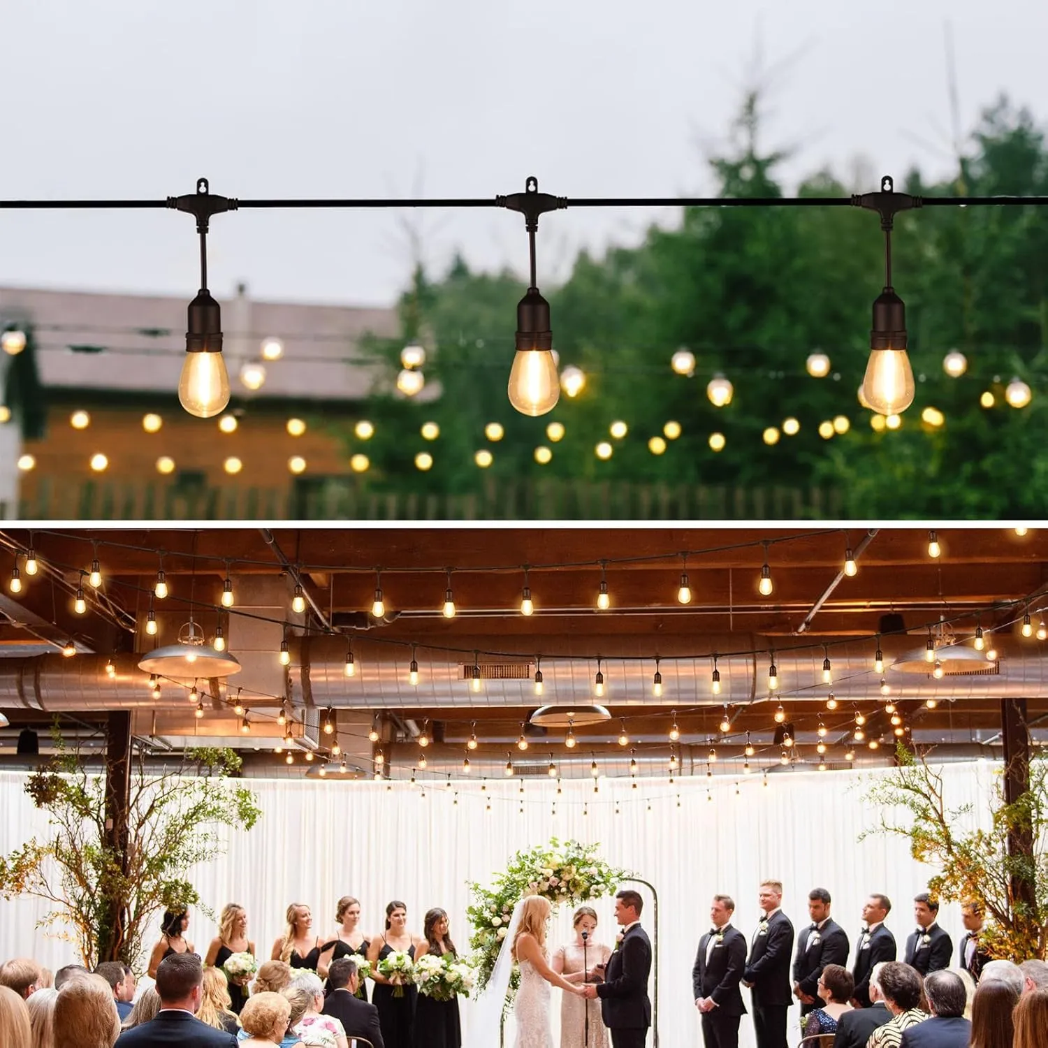 48FT Outdoor String Lights with Remote, Dimmable Patio Lights with 15 2 LED Waterproof Shatterproof Bulbs 3 Modes 4 Timers for Backyard, Black