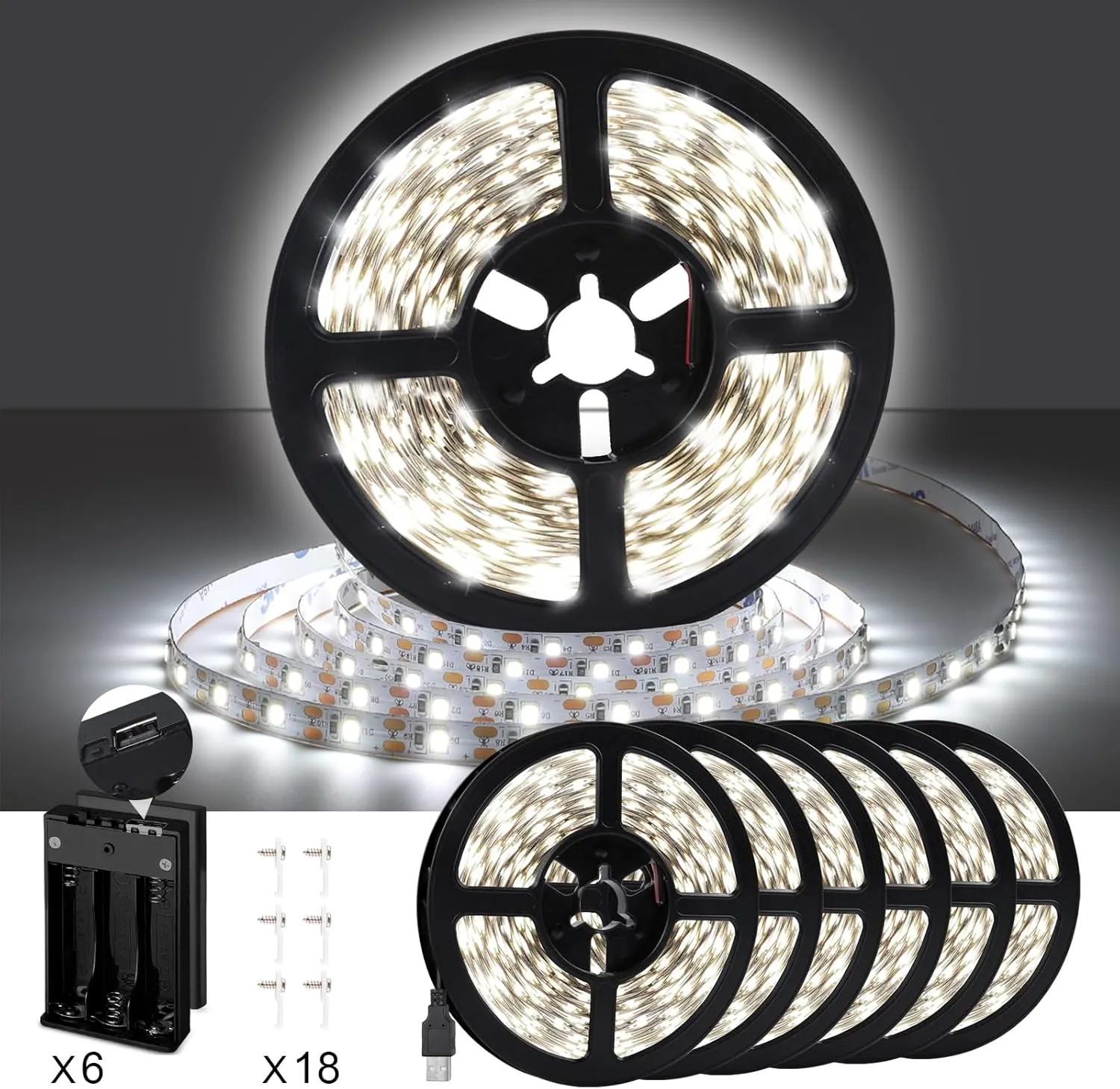 49.2ft USB LED Light Strip White with Battery Box (Batteries Not Included), Daylight LED White Strip Lights Cuttable LEDs for Bedroom, Mirror, Party, Camping, Birthday, Christmas, 8.2ft x 6