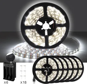49.2ft USB LED Light Strip White with Battery Box (Batteries Not Included), Daylight LED White Strip Lights Cuttable LEDs for Bedroom, Mirror, Party, Camping, Birthday, Christmas, 8.2ft x 6