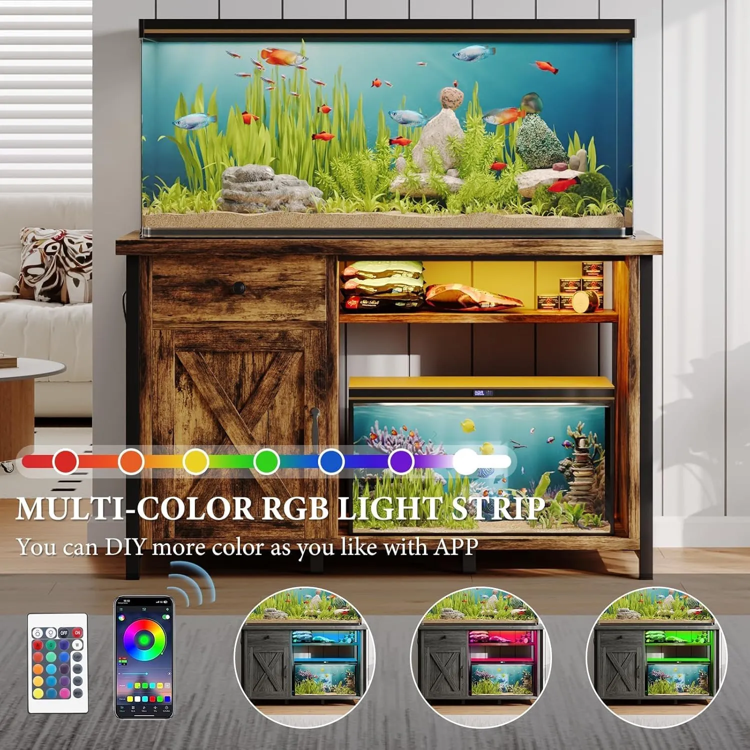 4ever2buy 55 Gallon Fish Tank Stand with LED Light & Power Outlets, 55-75 Gallon Aquarium Stand with Drawer & Barn Door, Cabinet for Fish Tank Accessories Storage for Reptile Tank, Turtle Tank, Black
