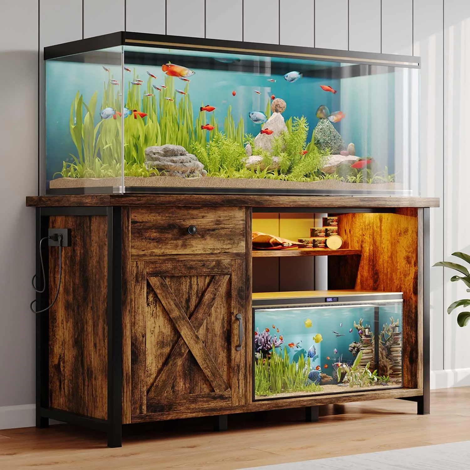 4ever2buy 55 Gallon Fish Tank Stand with LED Light & Power Outlets, 55-75 Gallon Aquarium Stand with Drawer & Barn Door, Cabinet for Fish Tank Accessories Storage for Reptile Tank, Turtle Tank, Black