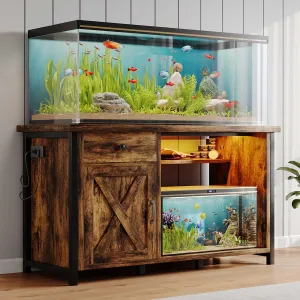 4ever2buy 55 Gallon Fish Tank Stand with LED Light & Power Outlets, 55-75 Gallon Aquarium Stand with Drawer & Barn Door, Cabinet for Fish Tank Accessories Storage for Reptile Tank, Turtle Tank, Black