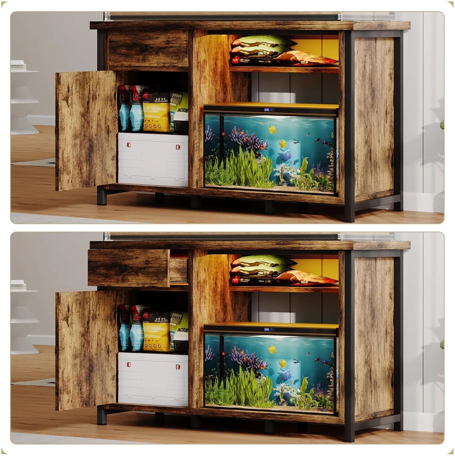 4ever2buy 55 Gallon Fish Tank Stand with LED Light & Power Outlets, 55-75 Gallon Aquarium Stand with Drawer & Barn Door, Cabinet for Fish Tank Accessories Storage for Reptile Tank, Turtle Tank, Black