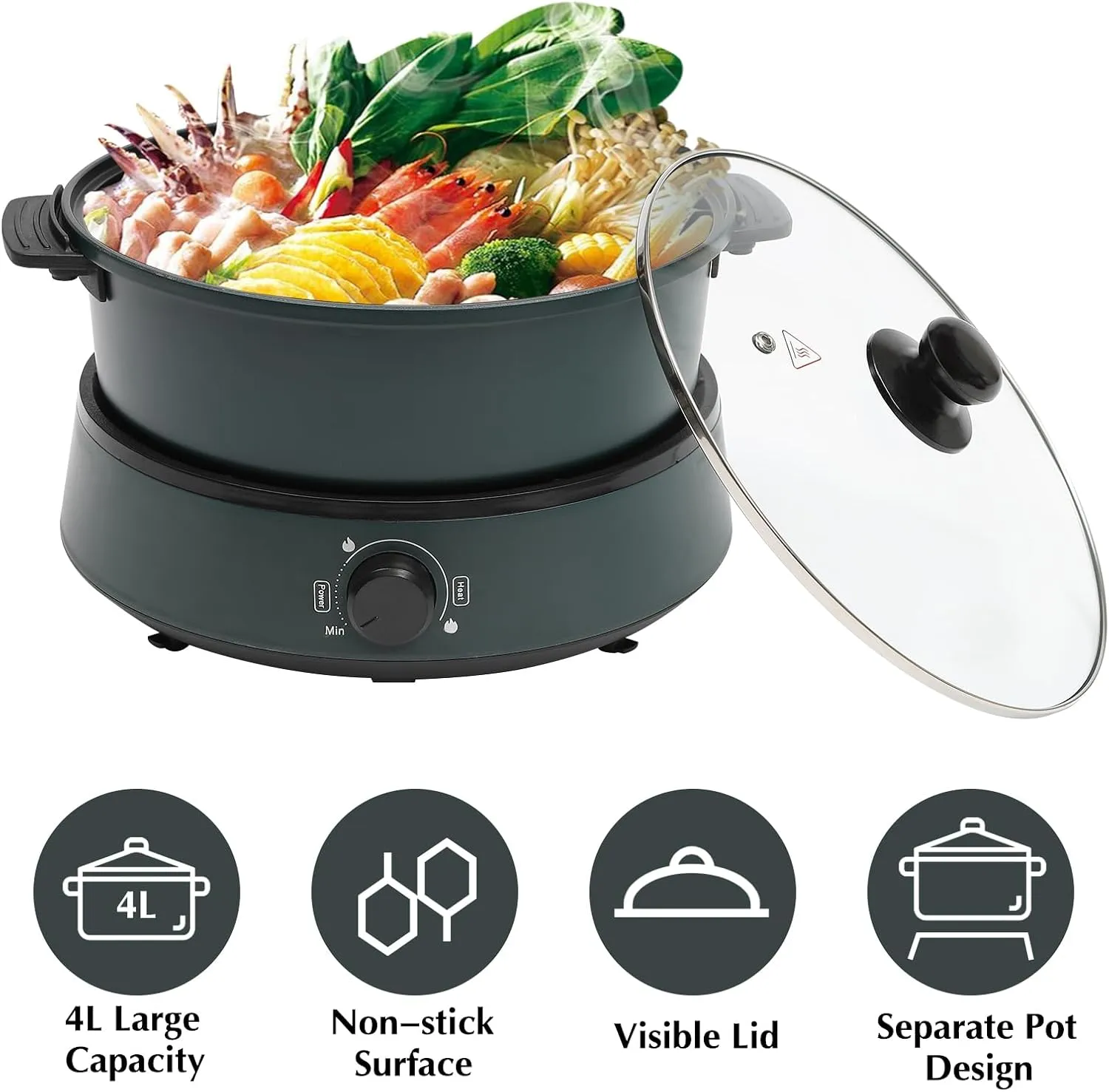 4L/4.2Qt Electric Hot Pot Round Multifunction Non-Stick Skillet Frying Pan Removable Split Cooking Pot Grill Pan w/Clear Lid & for Home Cooking Party BBQ Camping 1-5 People 1350W (Green)