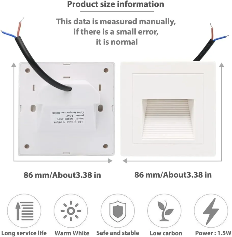4Pcs 1.5W LED Step Light Warm White 3000K, Recessed Wall Light IP65 Waterproof, Stair Light Staircase Lighting lamp, Inside Balcony Corridor,120V