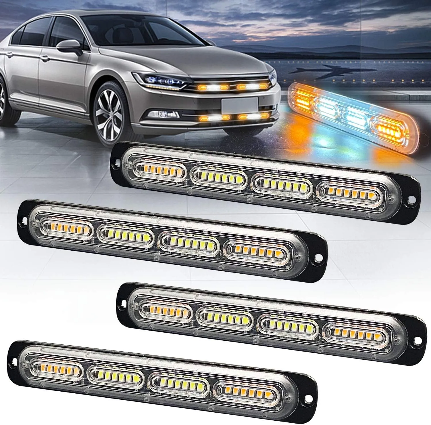 4pcs 24-LED Emergency Strobe Light, Amber White Ultra-Thin Surface Mount Flashing Warning Beacon Hazard Construction Caution Light for Cars Off Road Firefighter Vehicles Trucks