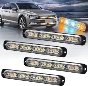 4pcs 24-LED Emergency Strobe Light, Amber White Ultra-Thin Surface Mount Flashing Warning Beacon Hazard Construction Caution Light for Cars Off Road Firefighter Vehicles Trucks