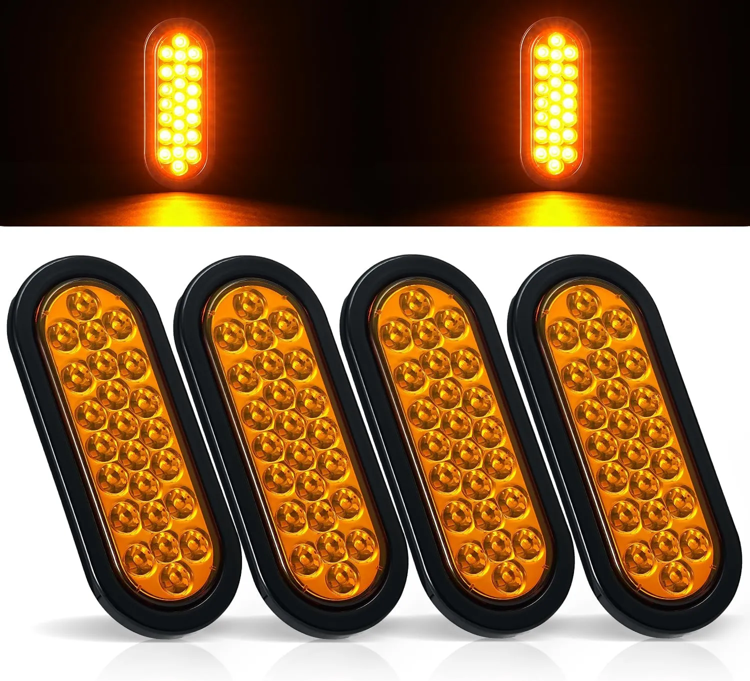 4Pcs 6.3" Oval LED Strobe Lights Amber 24 LED Trailer Tail Lights 6.3 Inch Oval LED Strobe Light Stop Turn Tail Light Brake Lights w/Grommets 3-Prong Wire Pigtails 10-30V Waterproof