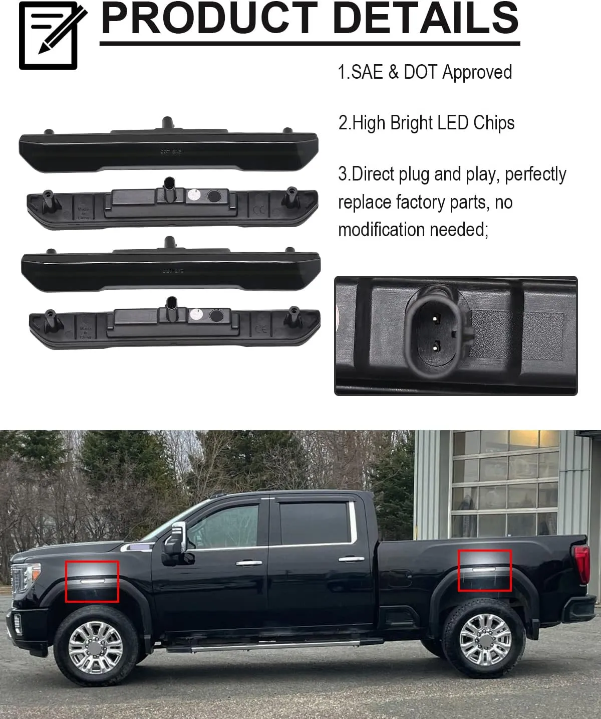 4Pcs Front & Rear LED Side Marker Light Compatible with Sierra 2500HD 3500HD 2020-2024 Pickup Side Parking Position Lamp Driver Passenger Front Rear Turn Signal Lamp (Smoked Lens Full White Light).