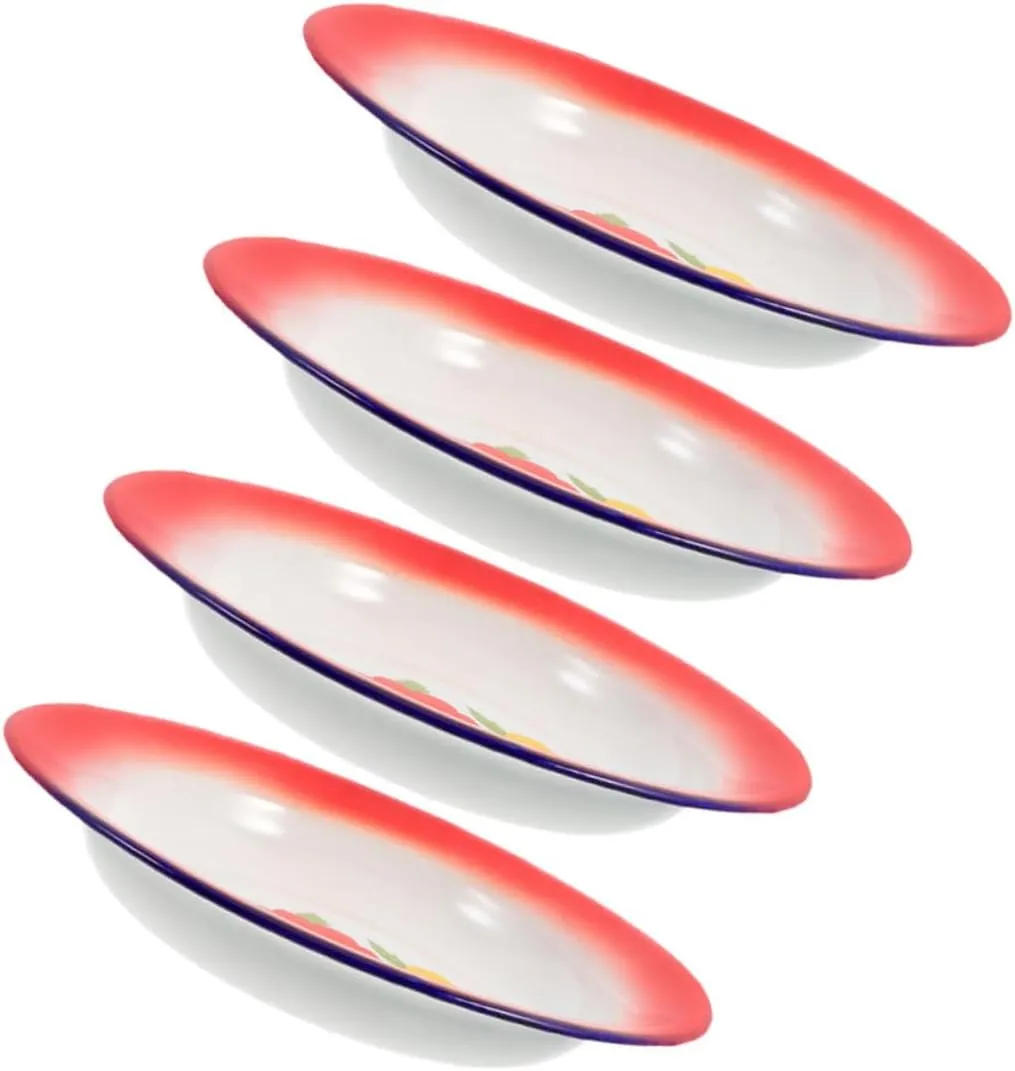4pcs Retro Enamel Plates Round Serving Dishes Vintage Camping Plates for Hot Pot Barbecue and Outdoor Dining