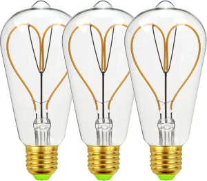 4W ST64 LED Light Bulb E26 Equivalent 40W, Warm White 2300K for Home Light, 320 Lumens, E26 Base, AC110-140V, Dimmable, ST64 Heart Shaped Transparent LED Decorative Bulbs, Pack of 3