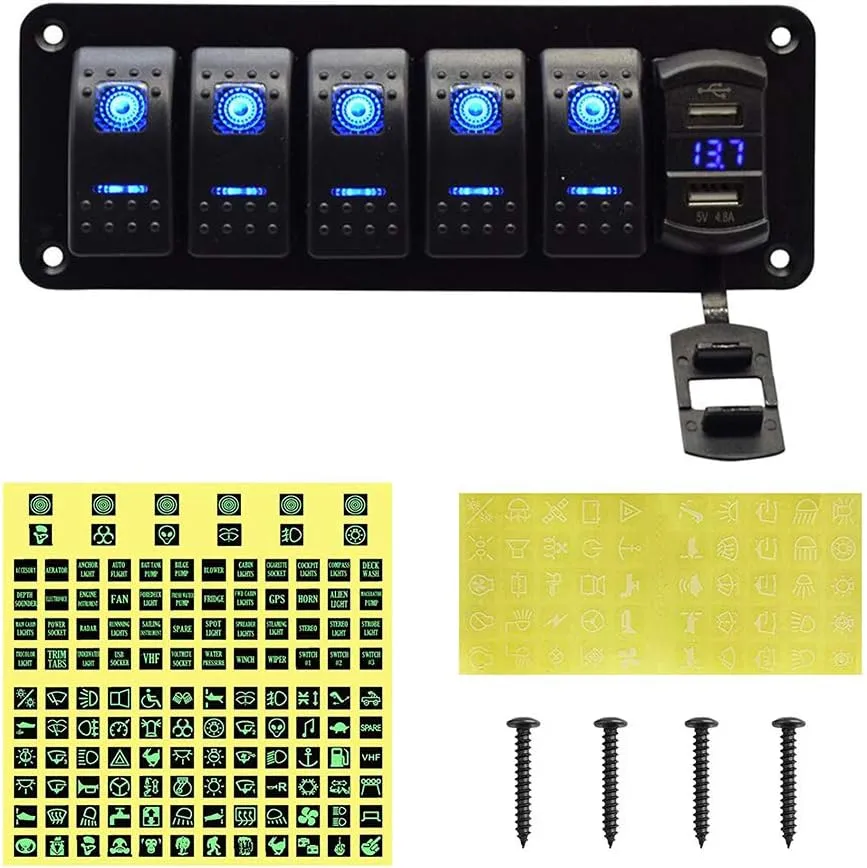 5 Gang Rocker Switch Aluminum Panel with 4.8 Amps Dual USB Rocker Style Fast Charger with Voltmeter Blue Backlit Led Pre-Wired for Marine Boat RV Truck (Blue)