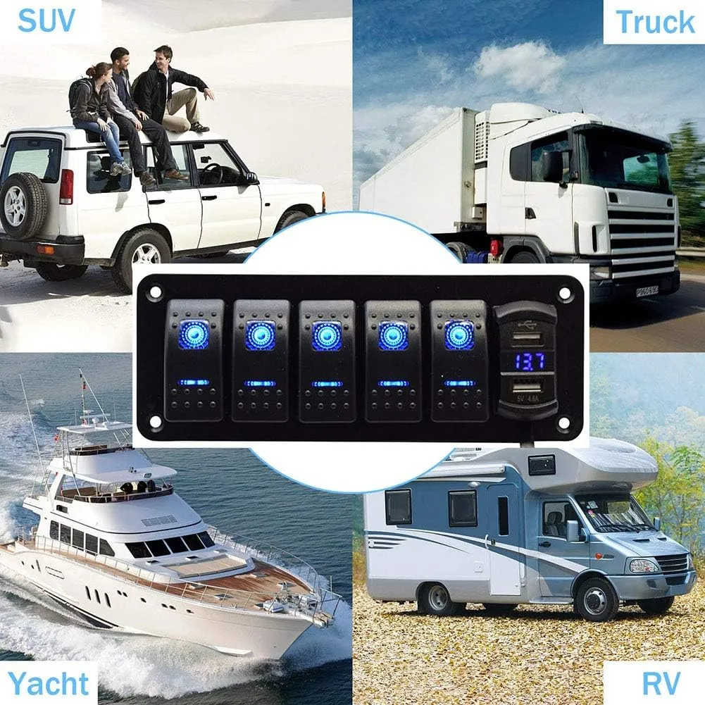 5 Gang Rocker Switch Aluminum Panel with 4.8 Amps Dual USB Rocker Style Fast Charger with Voltmeter Blue Backlit Led Pre-Wired for Marine Boat RV Truck (Blue)