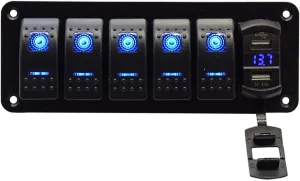 5 Gang Rocker Switch Aluminum Panel with 4.8 Amps Dual USB Rocker Style Fast Charger with Voltmeter Blue Backlit Led Pre-Wired for Marine Boat RV Truck (Blue)