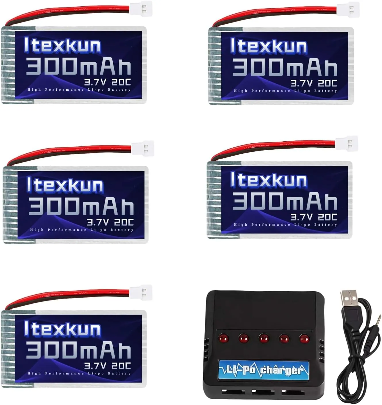 5 Pcs 3.7V 300mAh 20C Rechargeable Lipo Battery Molex Plug Fits for Syma X11 X11C Wltoys V911S A120 A150 V966 FX801 UDI U830 U816A Hubsan H107L DFD F180W F180C HS170 HS170C HS177 RC Drone F22 RC Plane