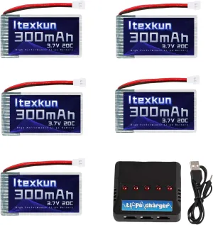 5 Pcs 3.7V 300mAh 20C Rechargeable Lipo Battery Molex Plug Fits for Syma X11 X11C Wltoys V911S A120 A150 V966 FX801 UDI U830 U816A Hubsan H107L DFD F180W F180C HS170 HS170C HS177 RC Drone F22 RC Plane
