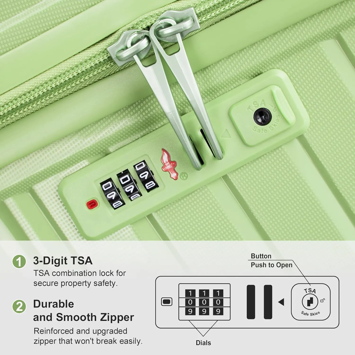 5 piece luggage set with TSA Lock - Lightweight PP Suitcases with 360° Spinner Wheels, Carry-On Travel Luggage Set Includes Cosmetic Bag & Wet/Dry Bag (Green)