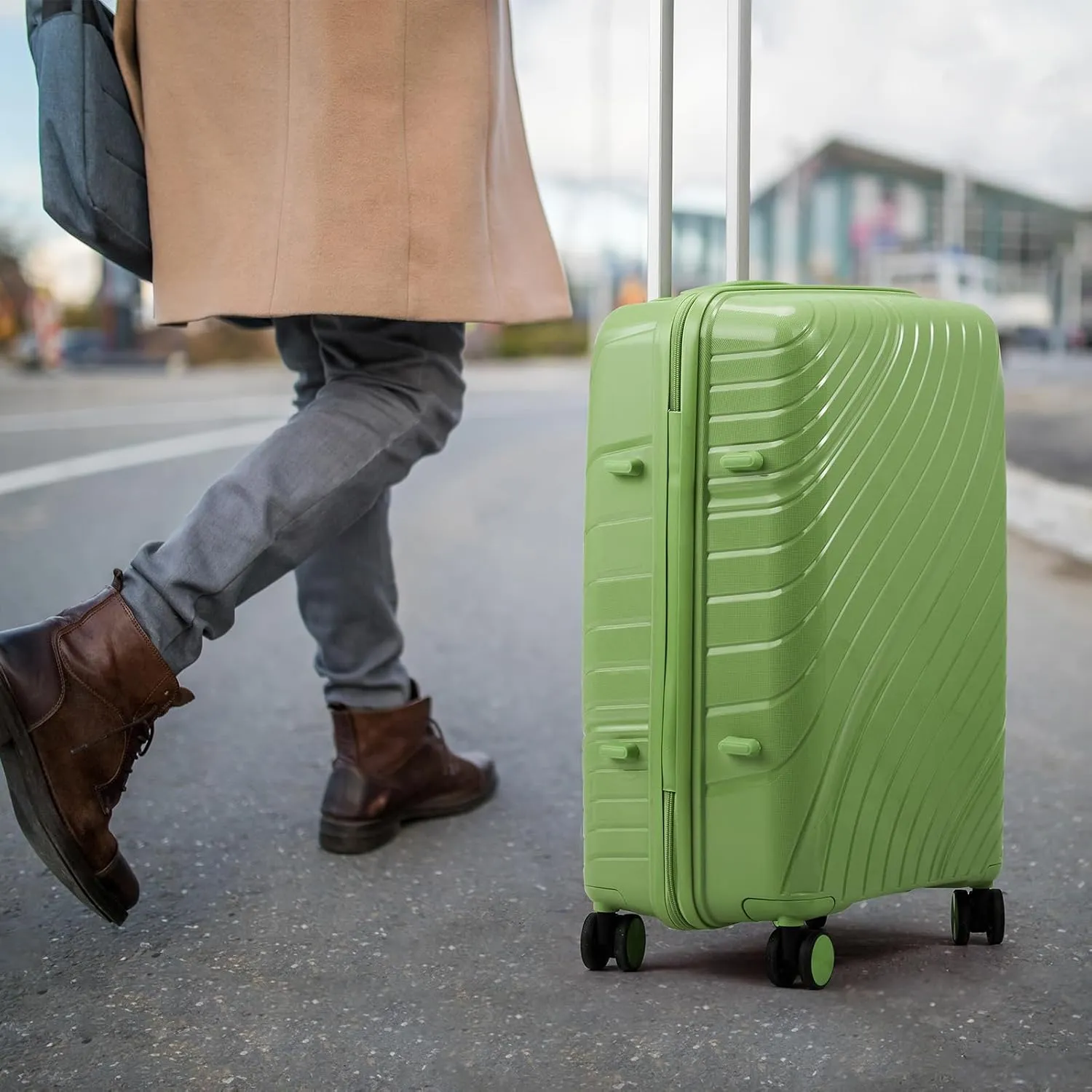 5 piece luggage set with TSA Lock - Lightweight PP Suitcases with 360° Spinner Wheels, Carry-On Travel Luggage Set Includes Cosmetic Bag & Wet/Dry Bag (Green)