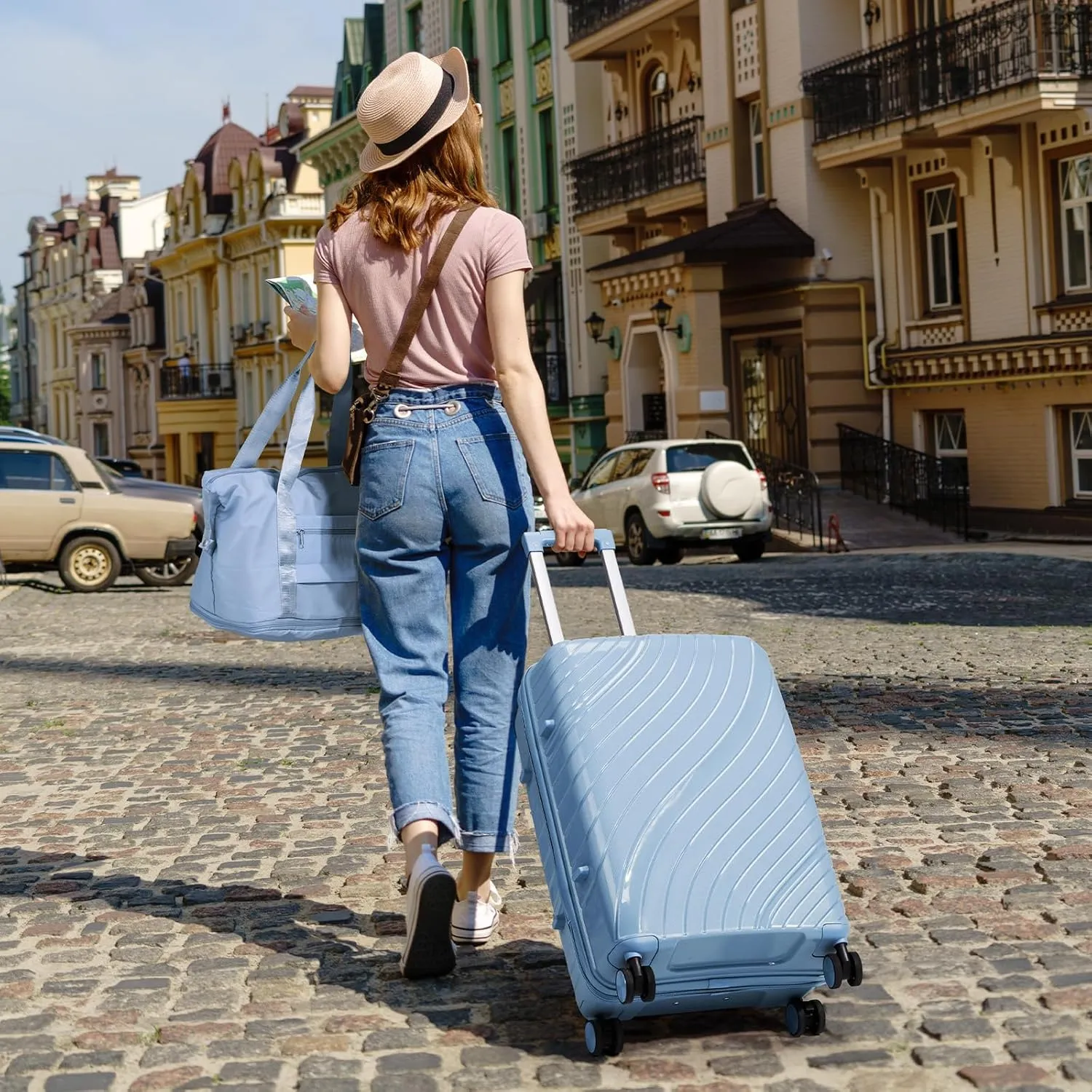 5 piece luggage set with TSA Lock - Lightweight PP Suitcases with 360° Spinner Wheels, Carry-On Travel Luggage Set Includes Cosmetic Bag & Wet/Dry Bag (Sky Blue)