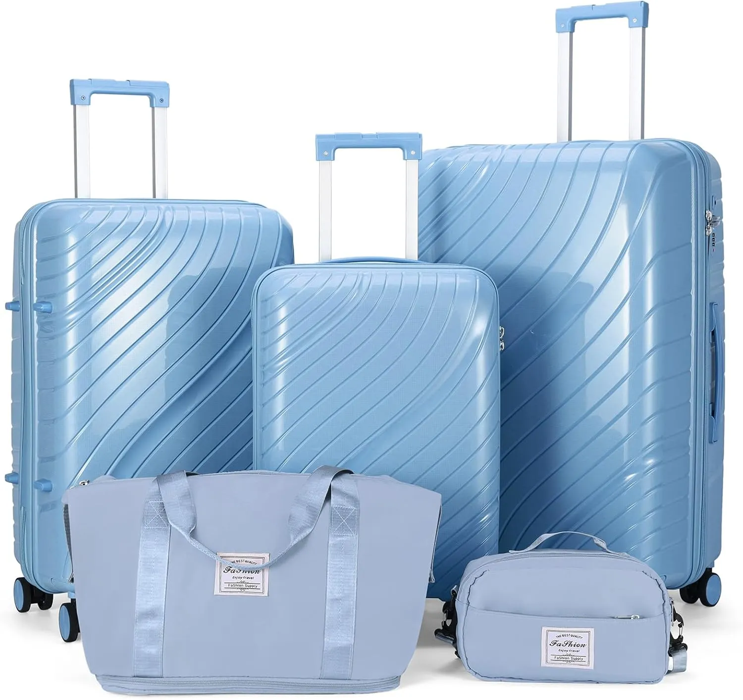 5 piece luggage set with TSA Lock - Lightweight PP Suitcases with 360° Spinner Wheels, Carry-On Travel Luggage Set Includes Cosmetic Bag & Wet/Dry Bag (Sky Blue)