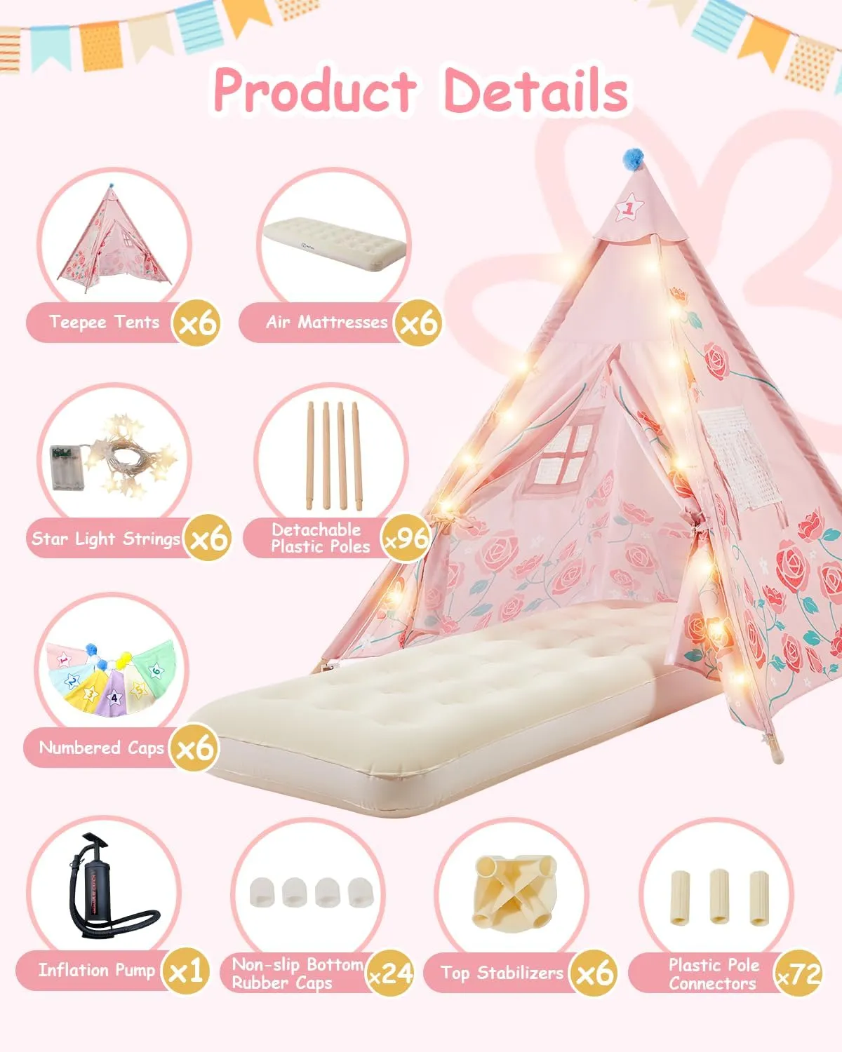 6 Pack Teepee Tent for Kids with Inflatable Airbed, Light, Toddler Tent Children Room Tents, Slumber Party Sleepover Tents, Indoor Outdoor Kids Play Tent Playhouse for Girls & Boys