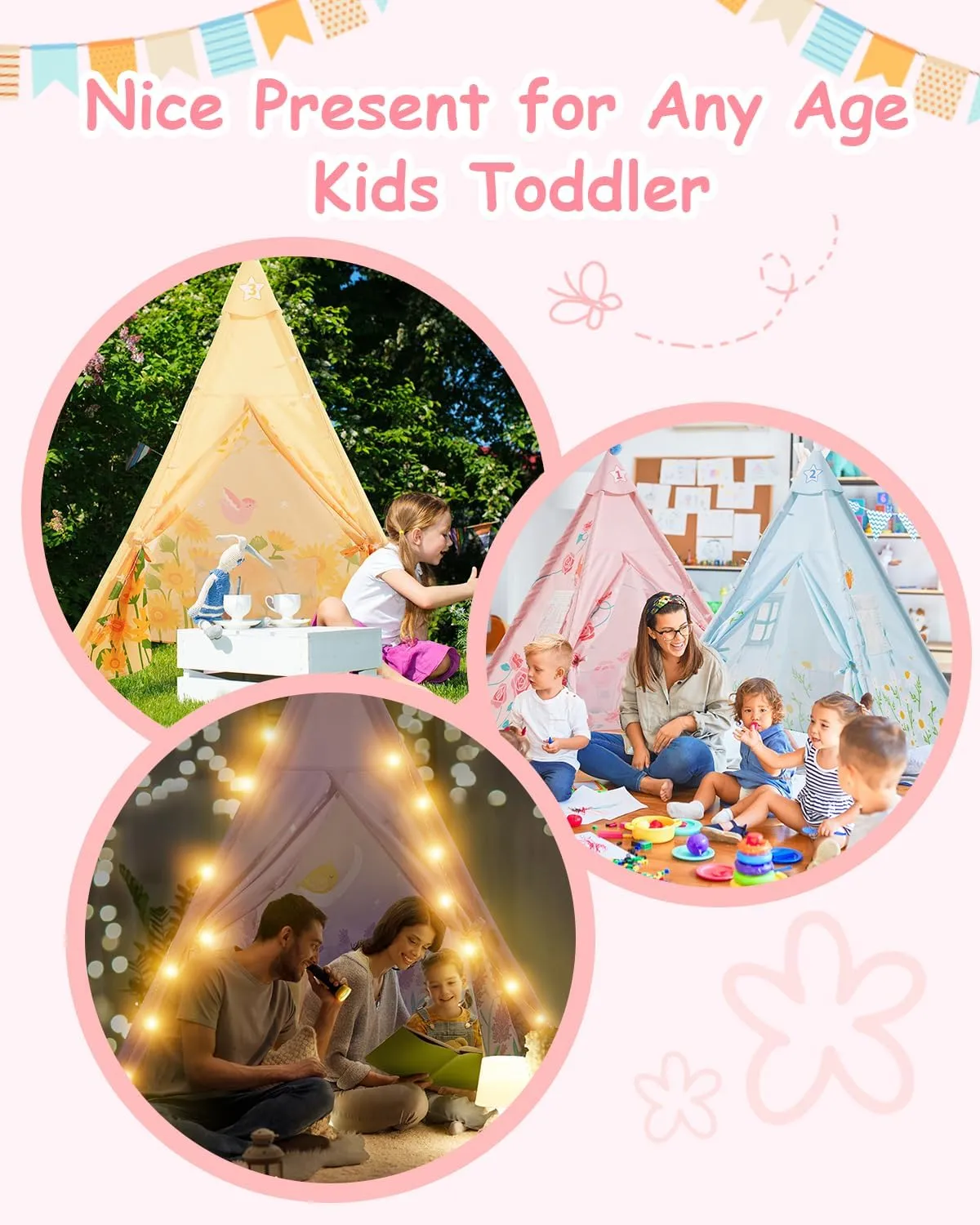 6 Pack Teepee Tent for Kids with Inflatable Airbed, Light, Toddler Tent Children Room Tents, Slumber Party Sleepover Tents, Indoor Outdoor Kids Play Tent Playhouse for Girls & Boys