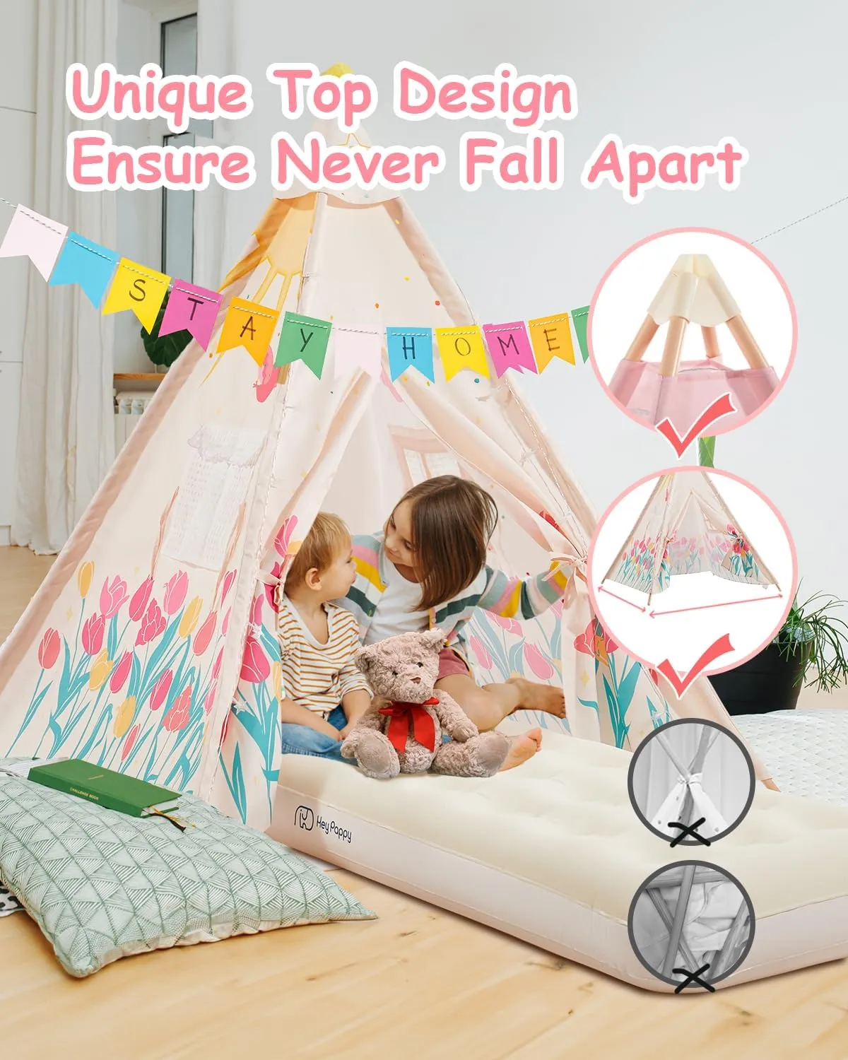 6 Pack Teepee Tent for Kids with Inflatable Airbed, Light, Toddler Tent Children Room Tents, Slumber Party Sleepover Tents, Indoor Outdoor Kids Play Tent Playhouse for Girls & Boys