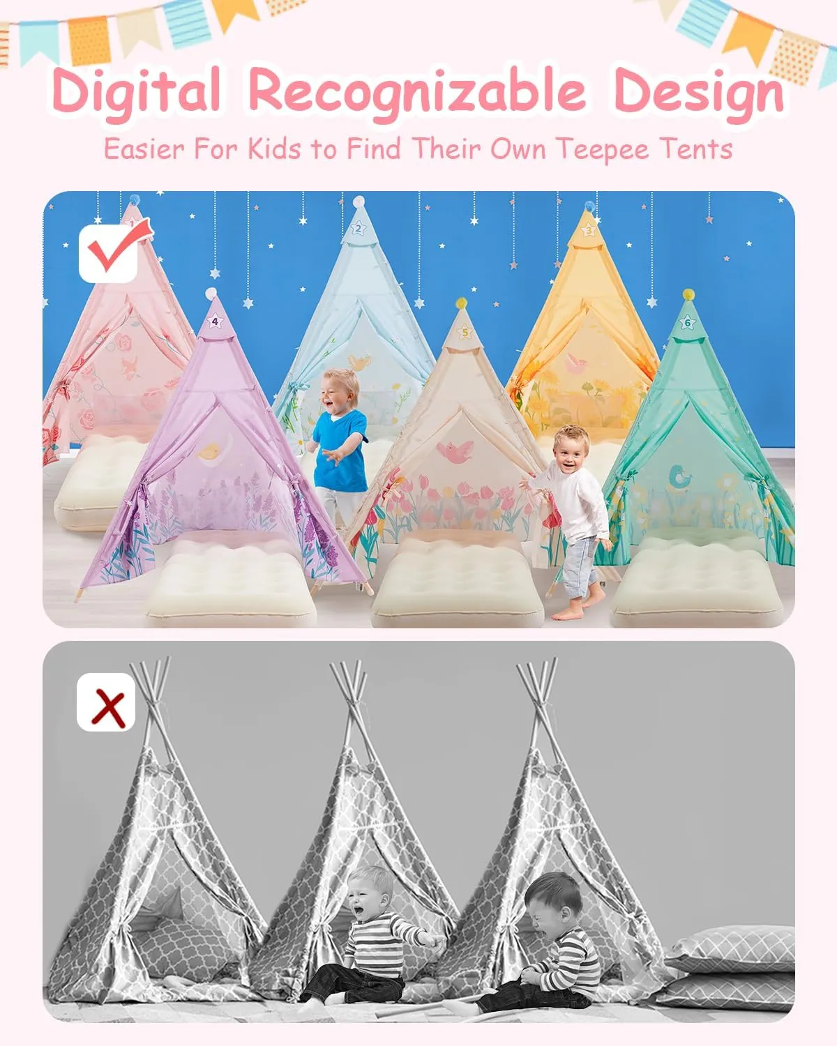 6 Pack Teepee Tent for Kids with Inflatable Airbed, Light, Toddler Tent Children Room Tents, Slumber Party Sleepover Tents, Indoor Outdoor Kids Play Tent Playhouse for Girls & Boys