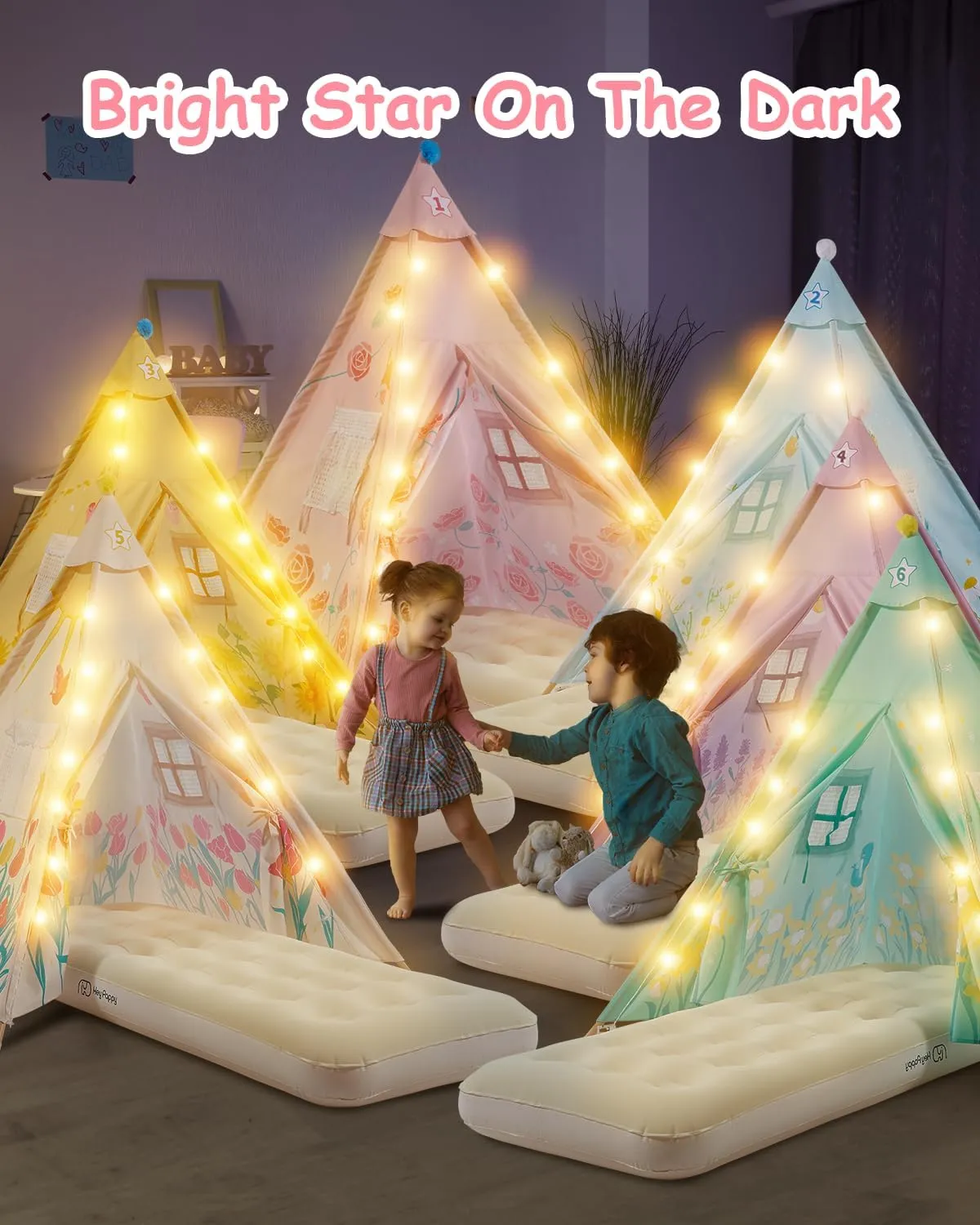 6 Pack Teepee Tent for Kids with Inflatable Airbed, Light, Toddler Tent Children Room Tents, Slumber Party Sleepover Tents, Indoor Outdoor Kids Play Tent Playhouse for Girls & Boys