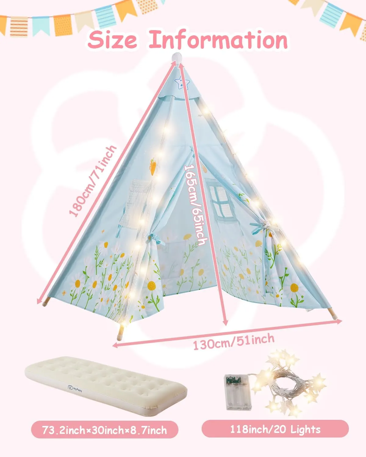 6 Pack Teepee Tent for Kids with Inflatable Airbed, Light, Toddler Tent Children Room Tents, Slumber Party Sleepover Tents, Indoor Outdoor Kids Play Tent Playhouse for Girls & Boys