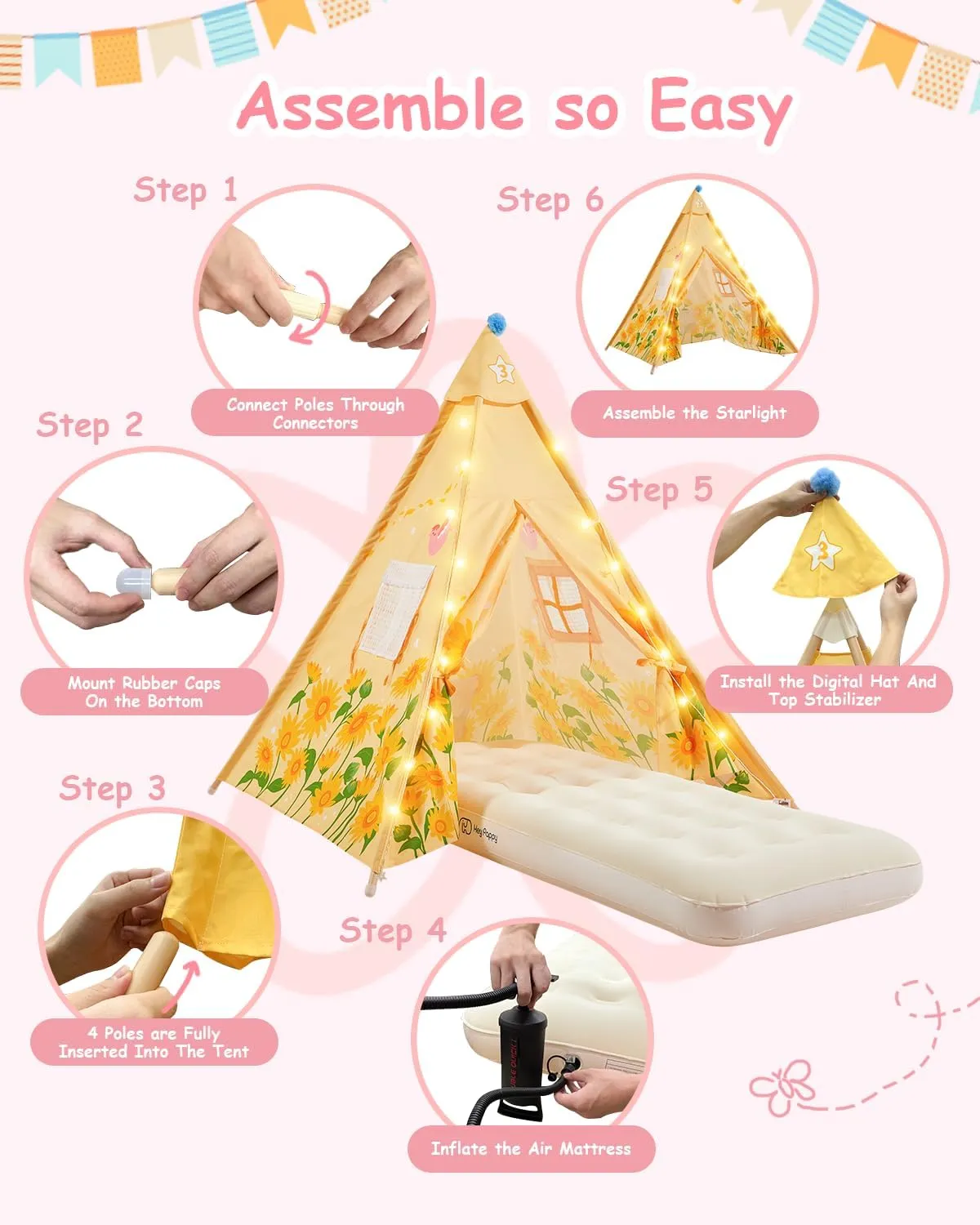 6 Pack Teepee Tent for Kids with Inflatable Airbed, Light, Toddler Tent Children Room Tents, Slumber Party Sleepover Tents, Indoor Outdoor Kids Play Tent Playhouse for Girls & Boys