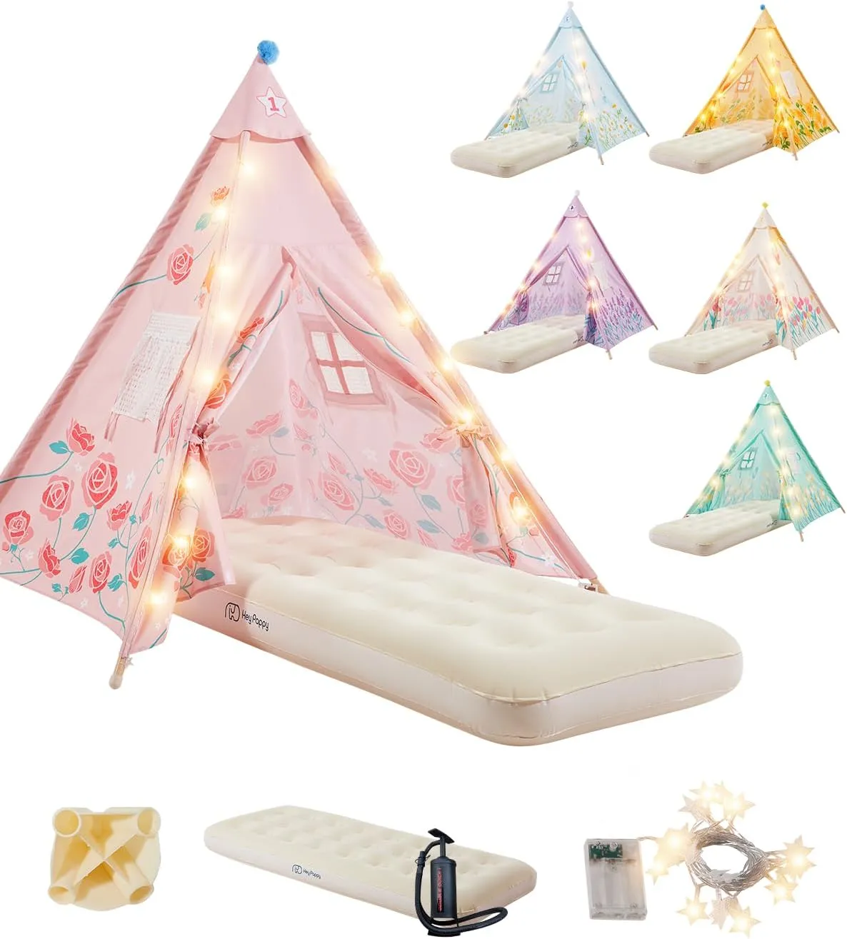 6 Pack Teepee Tent for Kids with Inflatable Airbed, Light, Toddler Tent Children Room Tents, Slumber Party Sleepover Tents, Indoor Outdoor Kids Play Tent Playhouse for Girls & Boys