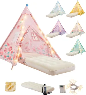 6 Pack Teepee Tent for Kids with Inflatable Airbed, Light, Toddler Tent Children Room Tents, Slumber Party Sleepover Tents, Indoor Outdoor Kids Play Tent Playhouse for Girls & Boys