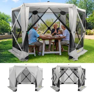 6 Sided Pop Up Gazebo Tent, Camping Screen Tent for 6-8 Person Foldable, Pop-Up Canopy Shelter with Mesh Windows, UV Resistant, Quick Set, Outdoor Gazebo with 6 Removable Wind Cloths