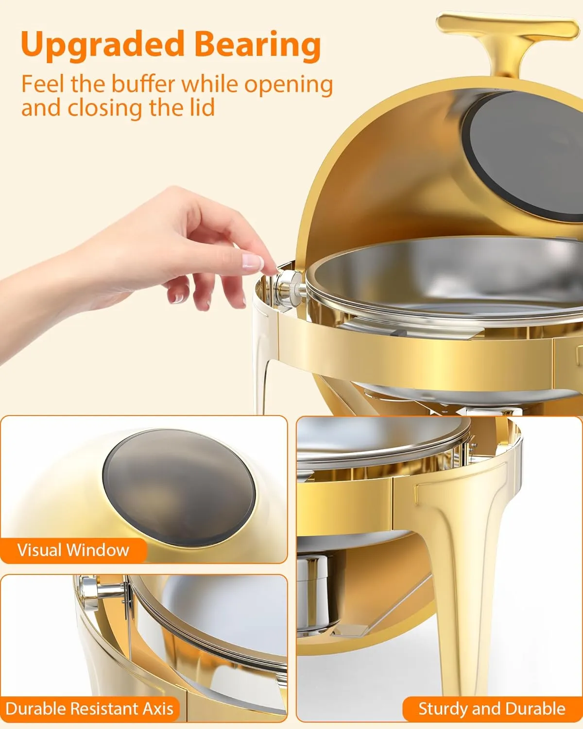6.3 Quart Round Roll Top Chafing Dish Buffet Set, Stainless Steel Buffet Food Warmer Servers Chafer for Catering with Glass Window for Party Wedding Banquet Graduation Event, Gold