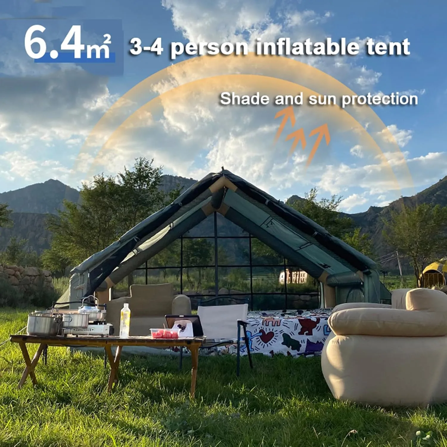 6.4㎡ Air Inflatable Camping House Tent 3-4 Person - 4 Season Glamping Outdoor Tents - Waterproof Easy Setup Blow Up Tent