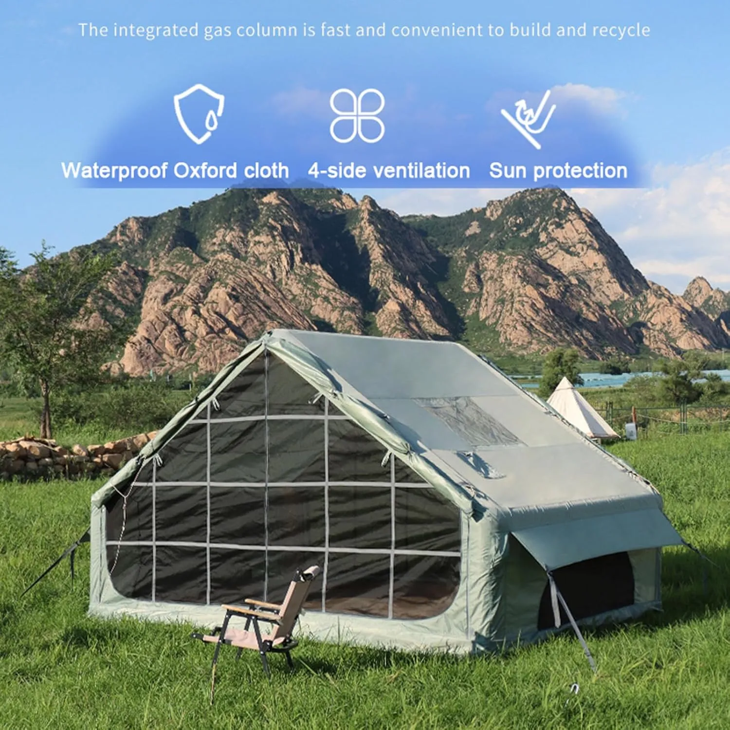 6.4㎡ Air Inflatable Camping House Tent 3-4 Person - 4 Season Glamping Outdoor Tents - Waterproof Easy Setup Blow Up Tent