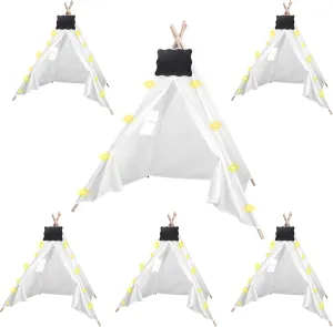6pcs Teepee Tents Set with Markeable Small Blackboards and 10FT String Lights, Foldable Indoor Outdoor Play Teepee Tent for Girls & Boys, for Birthday Party Boho Sleepovers Party (White)