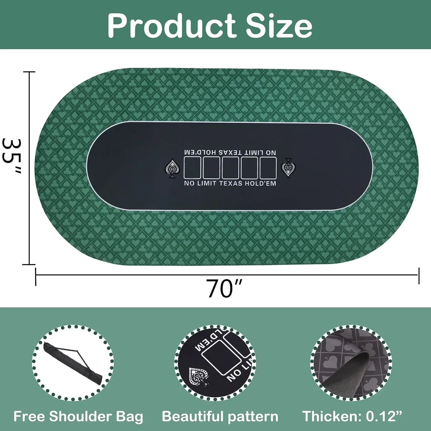 70 x 35 Inch Texas Hold'em Poker Mat for Table, Portable Poker Table Top with Smooth Premium Surface, Noise Reduction, and Carrying Case for Professional Poker Games Casino Games