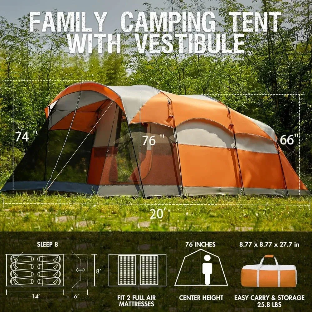 8 Person Family Camping Tent with Screen Porch, Portable Water Resistant Windproof Cabin Tent with Rainfly, for Family Camping
