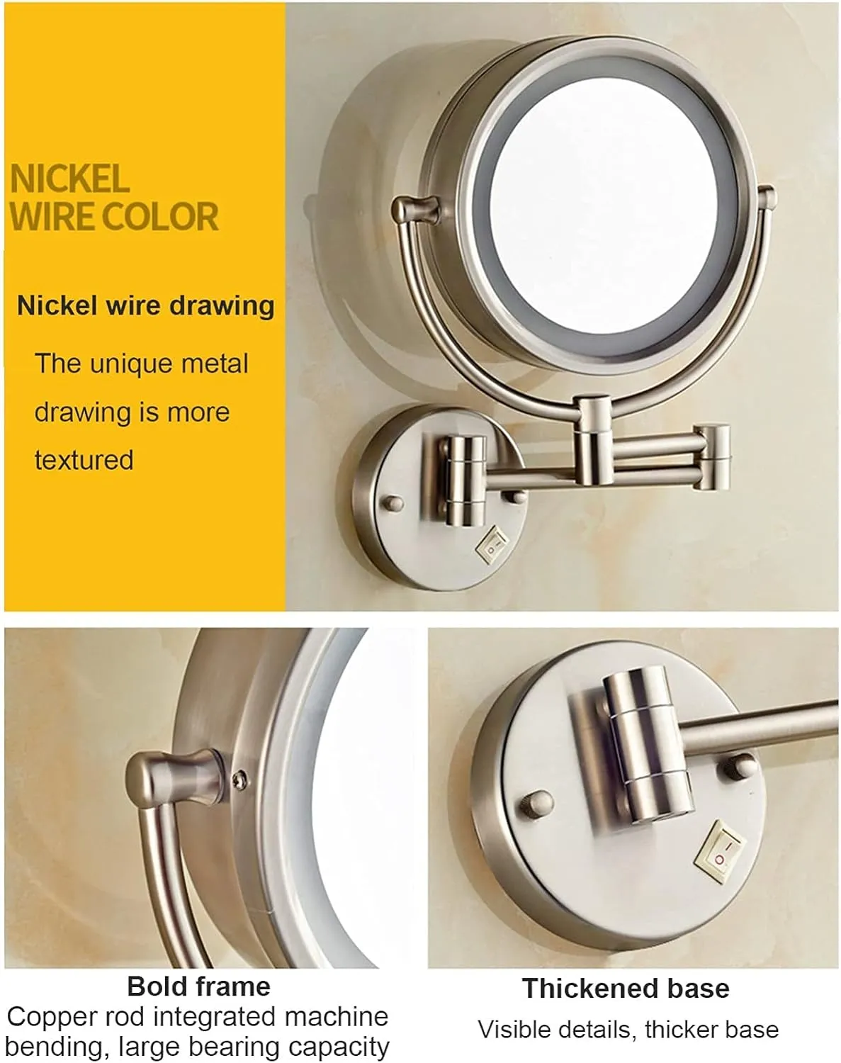 8.5" LED Lighted Wall Mounted Makeup Mirror Double Sided Magnifying Vanity Mirror, 360° Swivel and Extending Shaving Mirror, USB Charging, for Hotel, Bathroom(Nickel,10X)