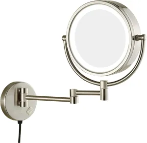 8.5" LED Lighted Wall Mounted Makeup Mirror Double Sided Magnifying Vanity Mirror, 360° Swivel and Extending Shaving Mirror, USB Charging, for Hotel, Bathroom(Nickel,10X)