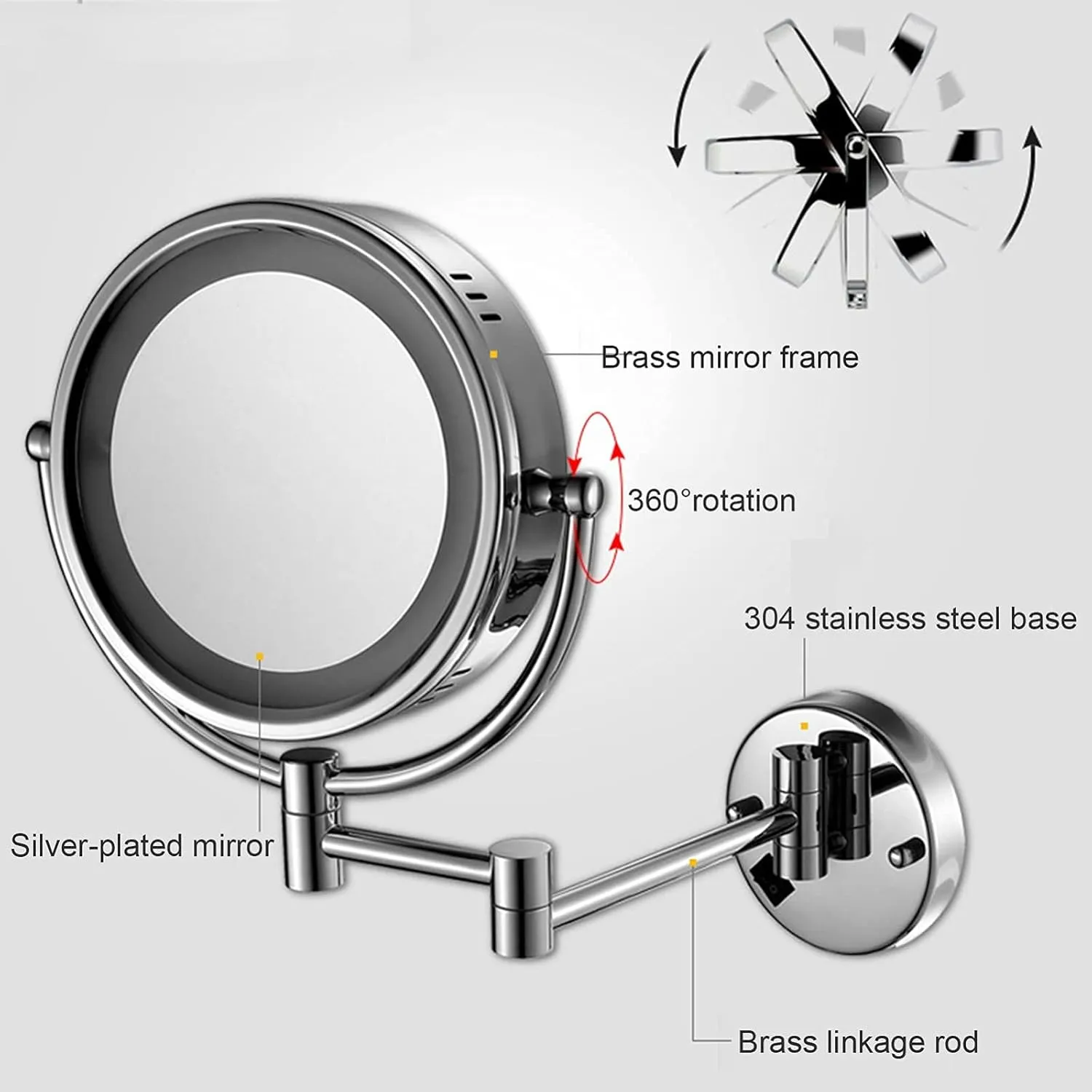 8.5" LED Lighted Wall Mounted Makeup Mirror Double Sided Magnifying Vanity Mirror, 360° Swivel and Extending Shaving Mirror, USB Charging, for Hotel, Bathroom(Nickel,10X)