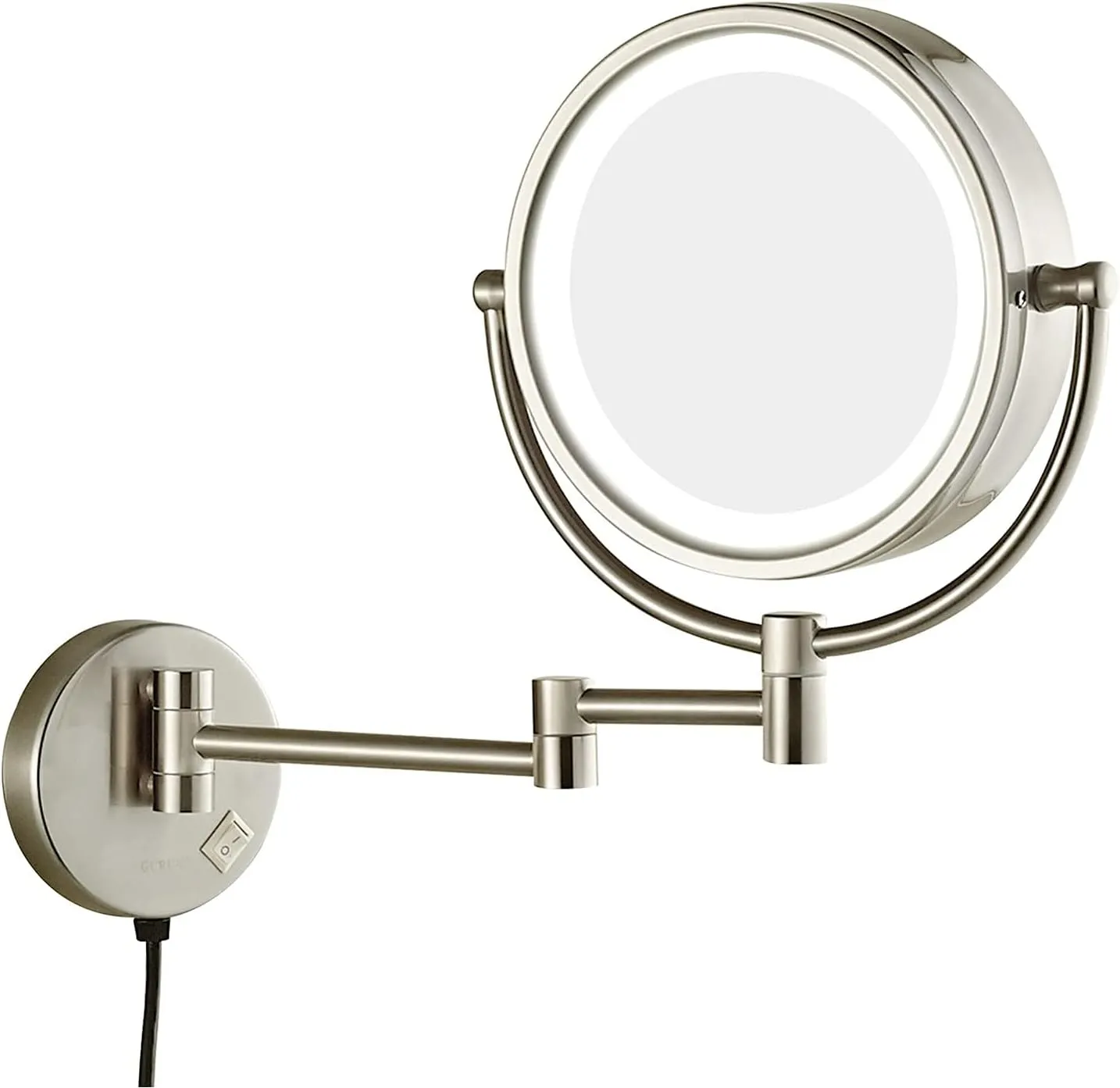8.5" LED Lighted Wall Mounted Makeup Mirror Double Sided Magnifying Vanity Mirror, 360° Swivel and Extending Shaving Mirror, USB Charging, for Hotel, Bathroom(Nickel,10X)