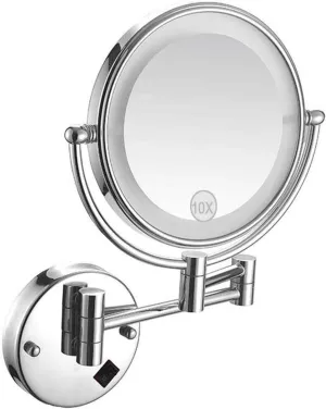 8Inch 10X Magnifier with LED Light Wall-Mounted Bathroom Mirror Wall Mounted Makeup Mirror Extended to 17 Inches Powered by USB Charging for Bathroom Hotels,Chrome(Chrome)