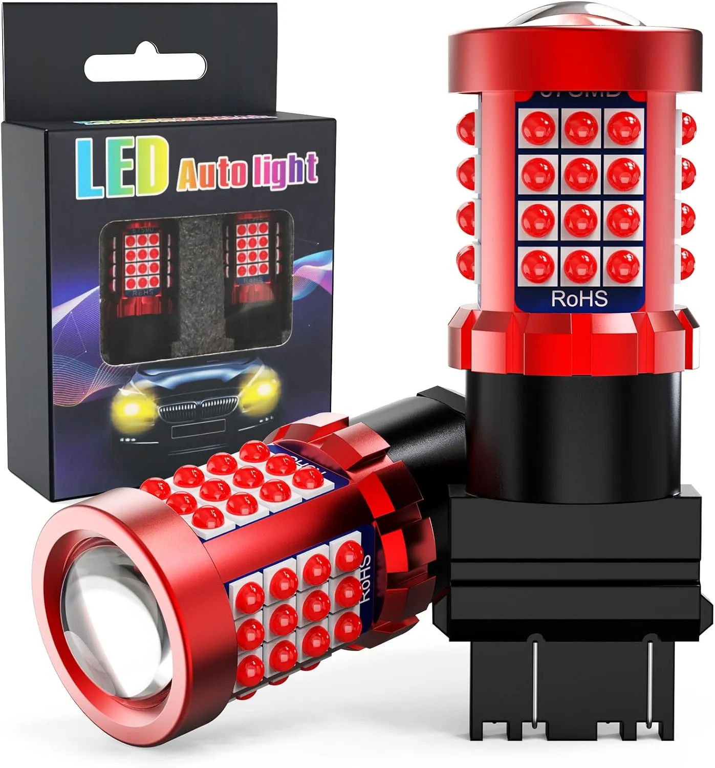 9-80V 3157 Red LED Bulb for Brake Light, Ultra Bright 3156 Led Bulb with Projector Lens, T25 3056 3057 Led Bulbs for Stop Parking Tail Light, 3030 57-SMD, 360°Lighting, Pack of 2